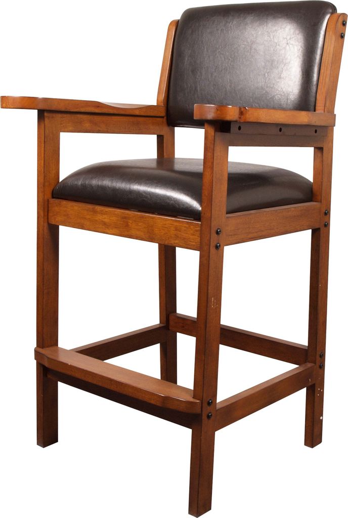 A dark wood and leather high chair with a side tray, shown against a white background.