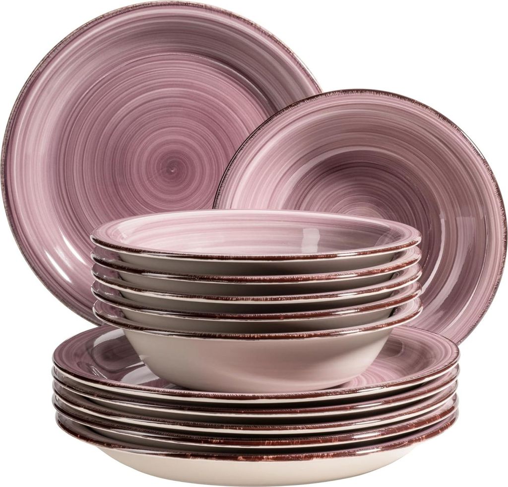 Serviesset 12 Personen - handbemaltes Keramik - moderne Vintage-Optik in lila - Geschirrset für 6 Personen Serviesset 12 Personen