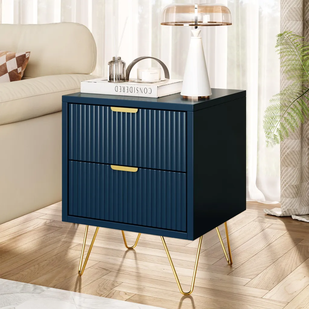 Comò Blu Navy 2 Cassetti Piedini Oro - Design Moderno Camera - 2