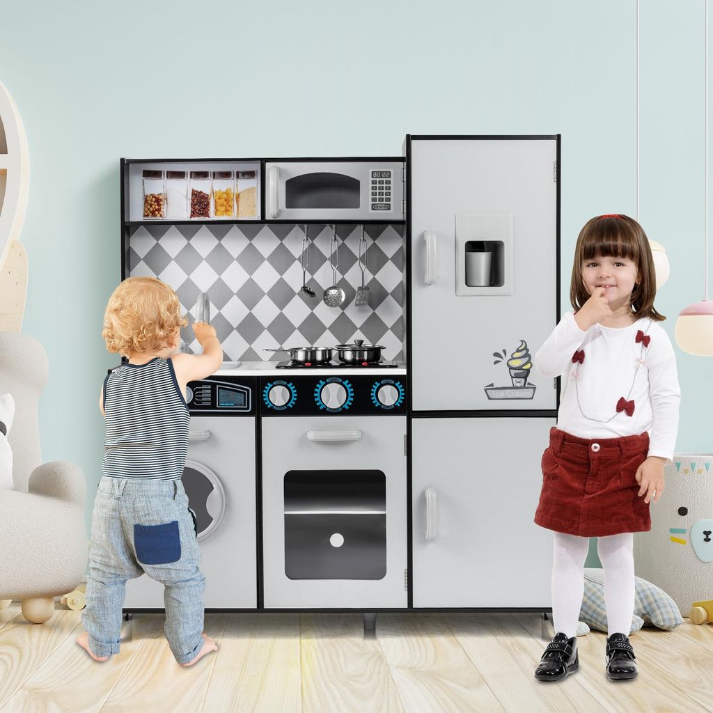 COSTWAY Kinderküche Holz, Spielküche mit Kochherd, Waschmaschine, Ofen, Mikrowelle, Küchenzubehör, Licht&Sound, Holzküche, für Kinder 3+Schwarz
