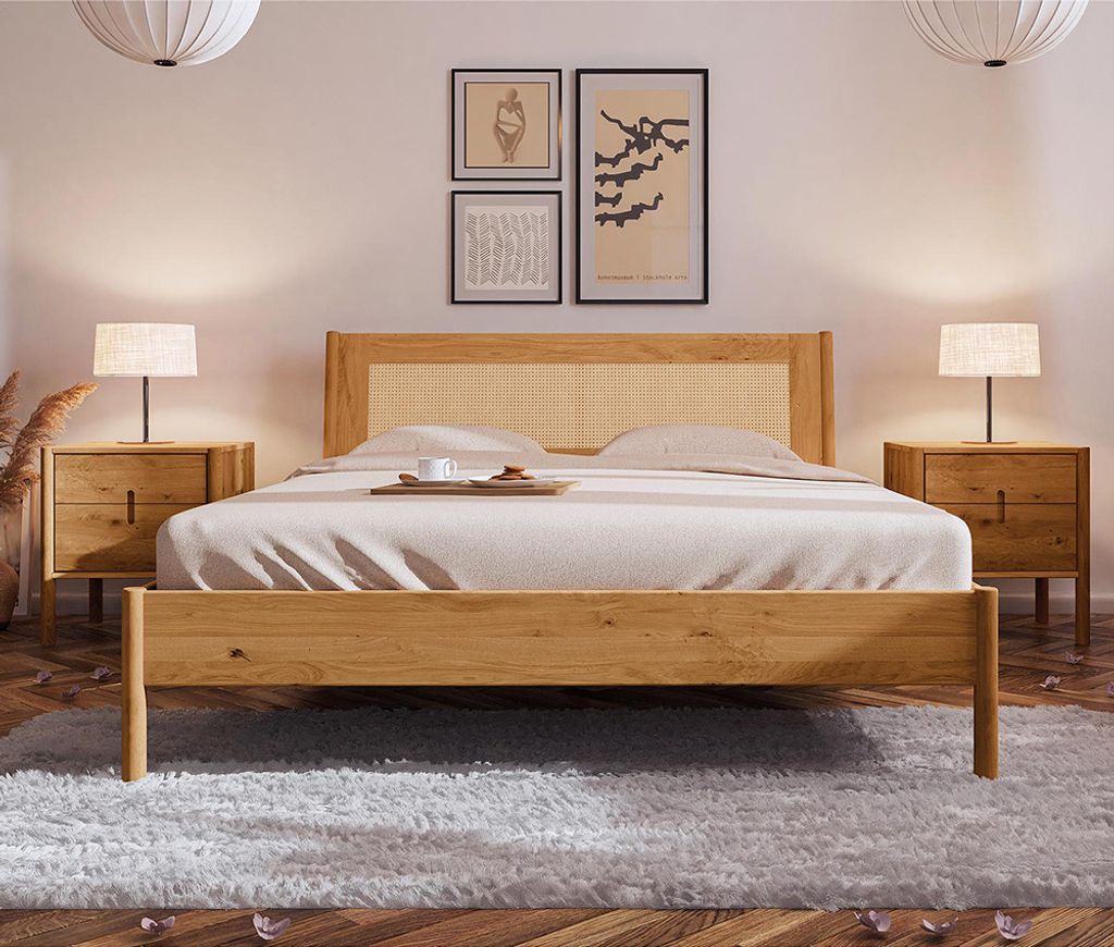 Schlafzimmer Set 3-teilig PORI-165 mit Bett 200x200 in Wildeiche massiv geölt mit Rattankopfteil