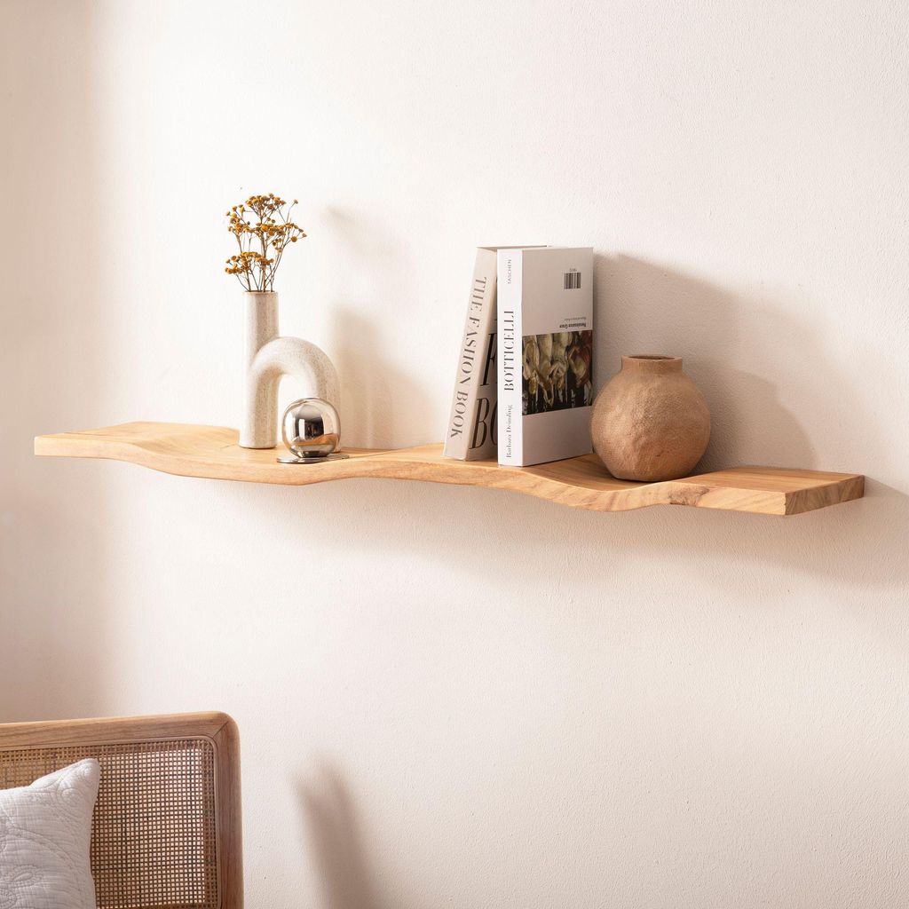 FineBuy Wandregal Akazie Massivholz 80cm - Schwebendes Design Regal für die Wand Holz massiv - Hängeregal in Wellenform - Wandboard aus Echtholz
