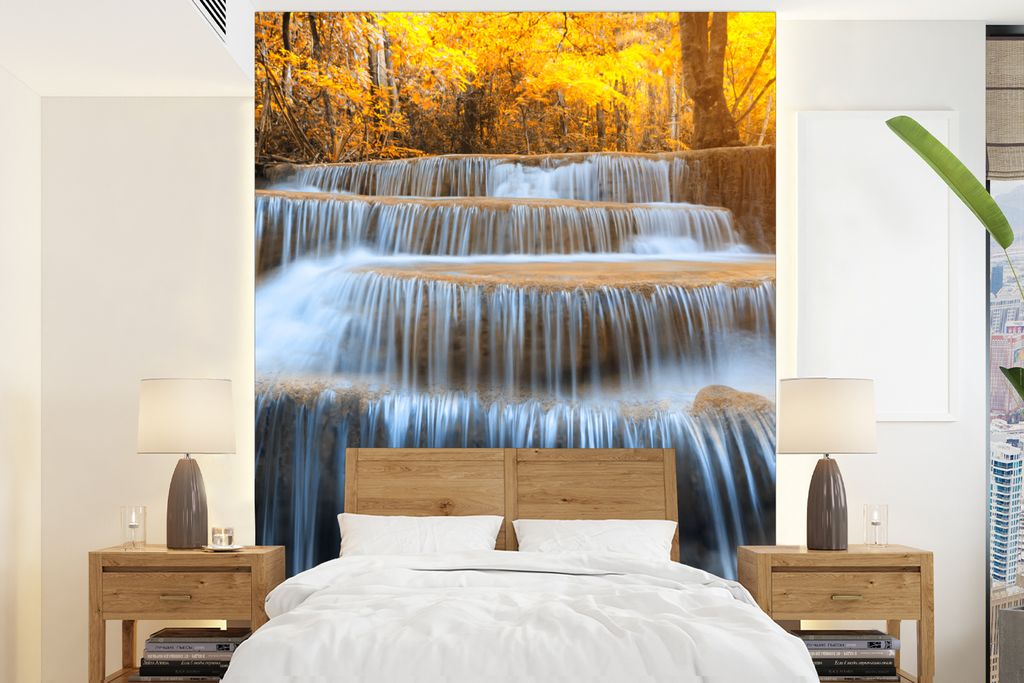 MuchoWow Fototapete für Wohnzimmer oder Schlafzimmer Wandtapete Vinyl Motivtapete Wasserfall - Natur - Bäume - Herbst - Landschaft - 195x260 cm...