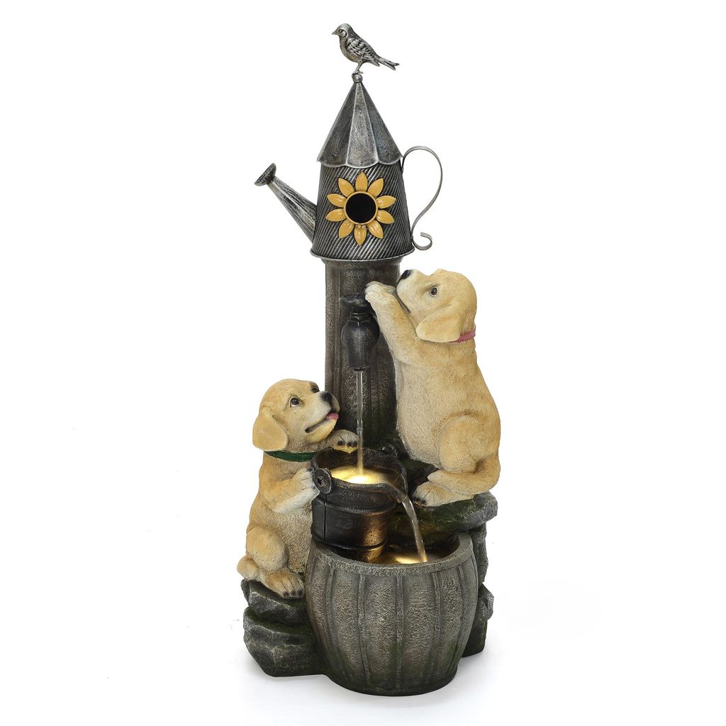 Polyresin-Gartenbrunnen mit zwei Hündchen und Vogelhäuschen Innen- und Außenbrunnen springbrunnen für Garten, Balkon, Terrasse, Eingang 90 x 38...
