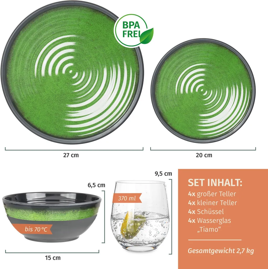 Set Melamina 16 Pezzi Stone Green 4 Persone + Bicchieri Tiamo Camper - 2