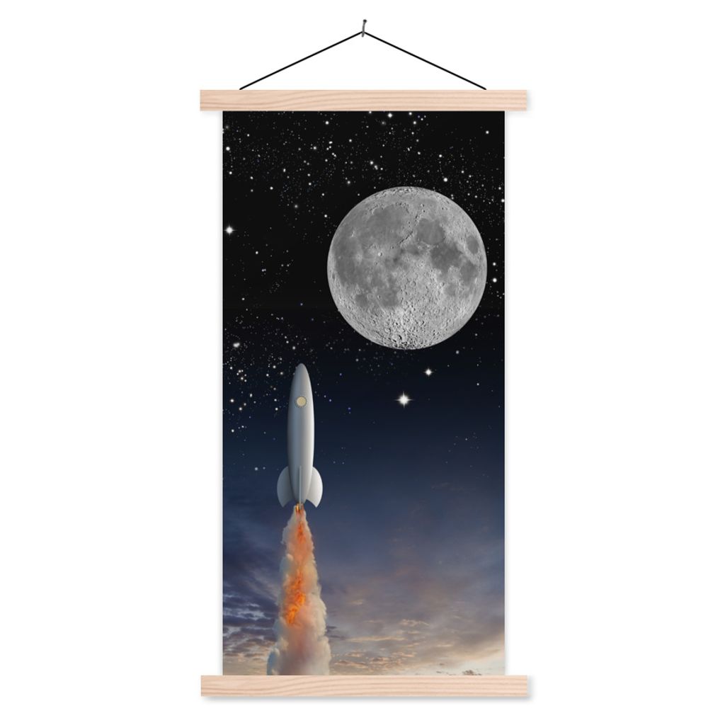 MuchoWow Textilposter Eine Illustration der Raumfähre und des Vollmondes 60x120 cm mit holzfarbenen Rahmen - Holz