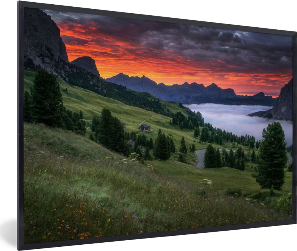 MuchoWow Gerahmtes Poster Gras - Berge - Abend 90x60 cm - Poster mit Schwarzem Bilderrahmen Wandposter Rahmen Foto Bilder - Fotorahmen - Foto-Plakat