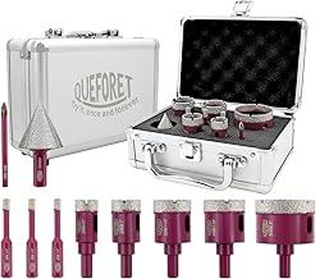 QUEFORET Diamant Fliesenbohrer Set 10 Stücke - 8 Stücke 6/6/6/20/25/32/35/50mm Trockenbohrkronen, 1 Stück 6mm Hartmetallbohrer, 1 Stück 35mm Fa...