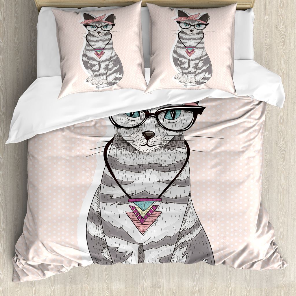 ABAKUHAUS Teen Zimmer Bettbezug, Kitty Glasses, Milbensicher Allergiker geeignet mit Kissenbezügen, 155 cm x 220 cm - 80 x 80 cm, Pale Pink Grau