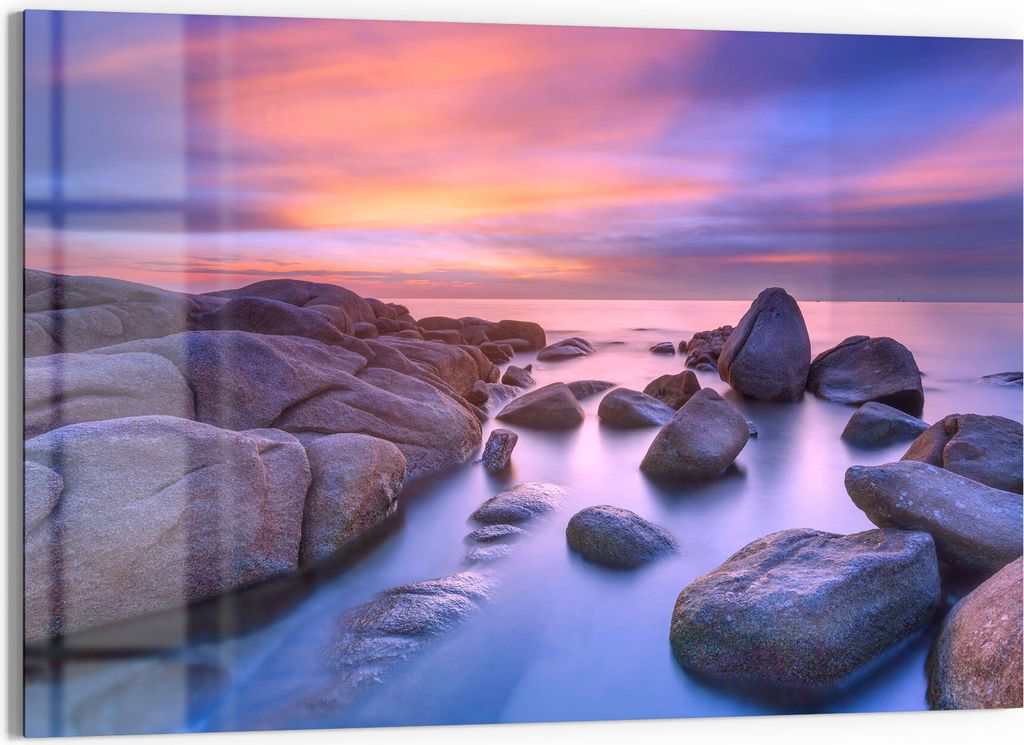DEQORI Glasbild Echtglas 90x60 cm 'Küstenfelsen in Abendröte' Wandbild Bild modern Deko