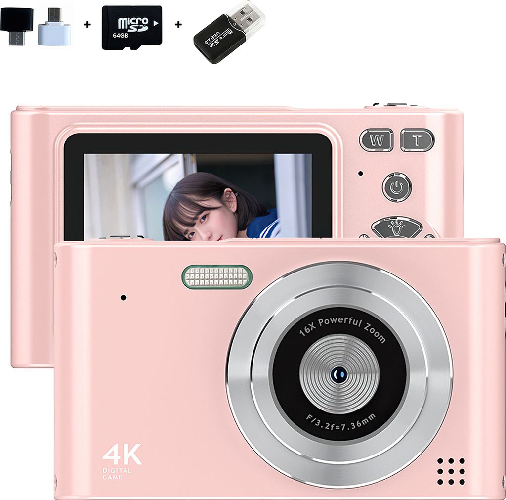 64G CCD Digitalkamera, Aufnahme Momente jederzeit, 16X Zoom 2,4-Zoll-Display, High Definition Bildqualität, für Kinder, Rosa