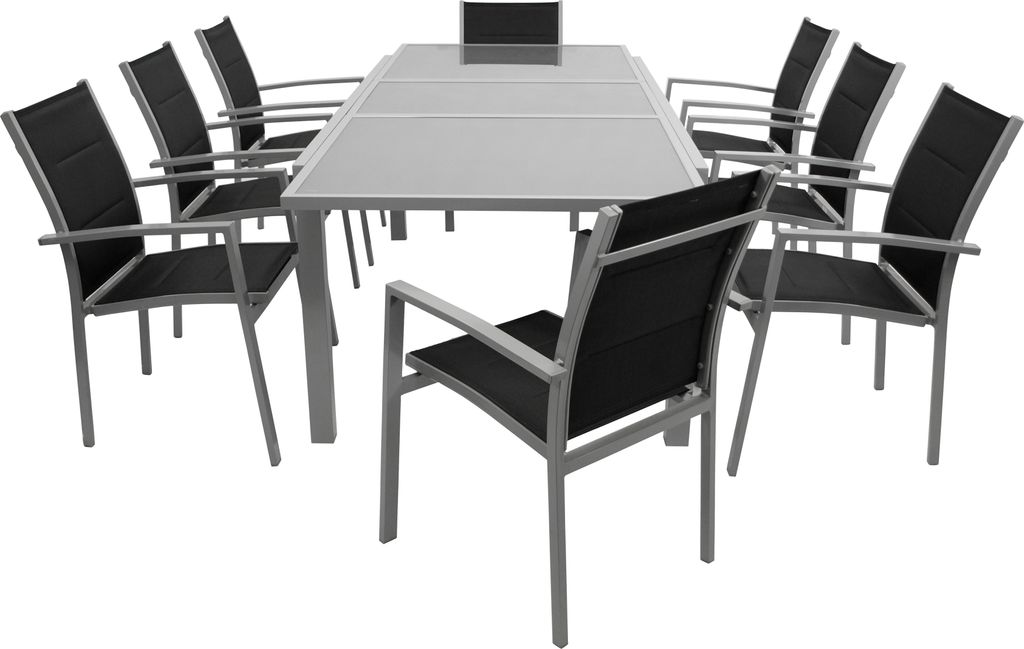 DEGAMO Gartengarnitur Essgruppe PISA 9-teilig, Aluminium silber + Kunstgewebe schwarz, 8x Stapelsessel, 1x Ausziehtisch 180/240x100cm