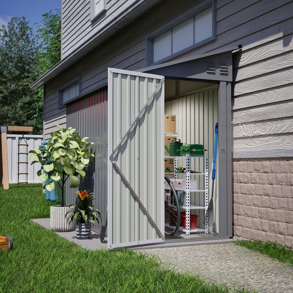 GIHAUVIA Pultdach Geräteschuppen aus Metall Grau 4.86m³ 2 Belüftungsöffnungen 124x241.9x192.2 cm