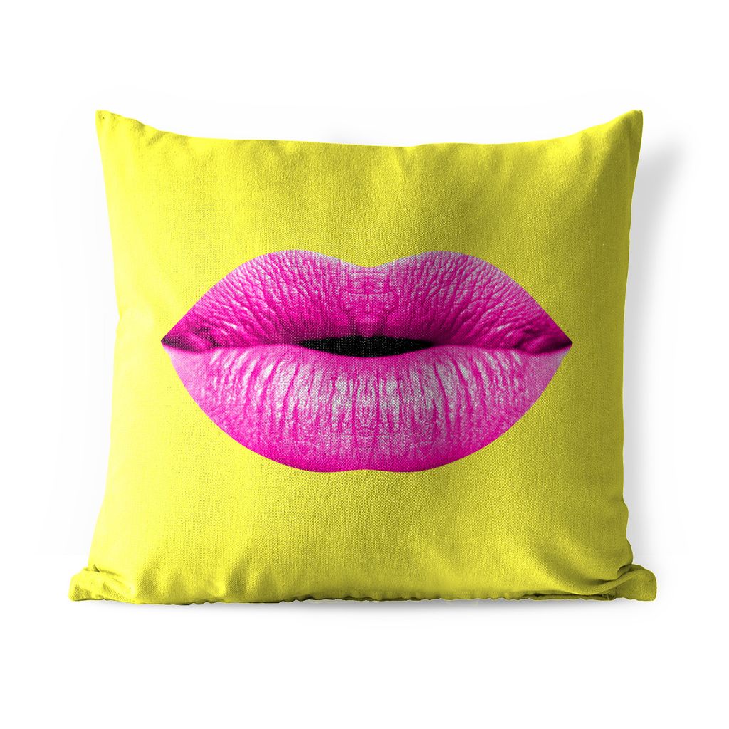 MuchoWow Outdoor Kissen - Lippen - Rosa - Gelb - 40x40 cm - Wetterfest - Lounge Kissen - Kopfkissen - Interieur - Polster mit Bild