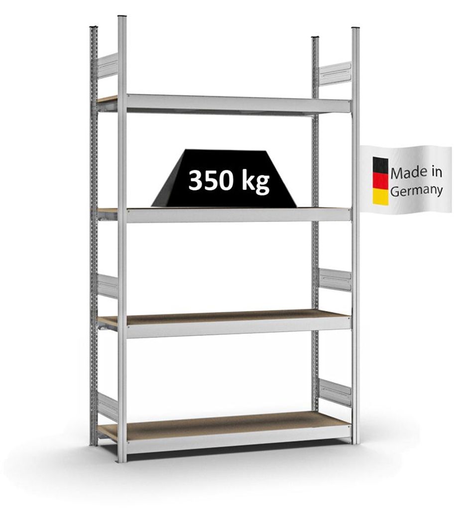 PROREGAL Weitspannregal Stecksystem MAGNUS Germany | HxBxT 250x150x40cm | 4 Ebenen | Spanplatten-Fachboden | Fachlast 350kg | Verzinkt