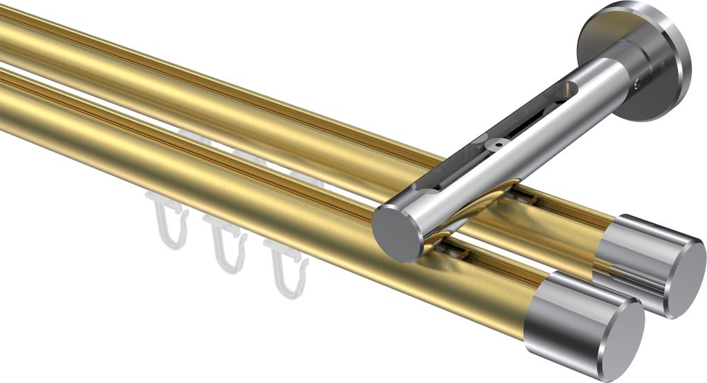 Interdeco Innenlaufstange / Gardinenstange mit Innenlauf Messing-Optik / Chrom, Typ Siteno Santo (Kappe), 20 mm Ø 2-läufig, 120 cm