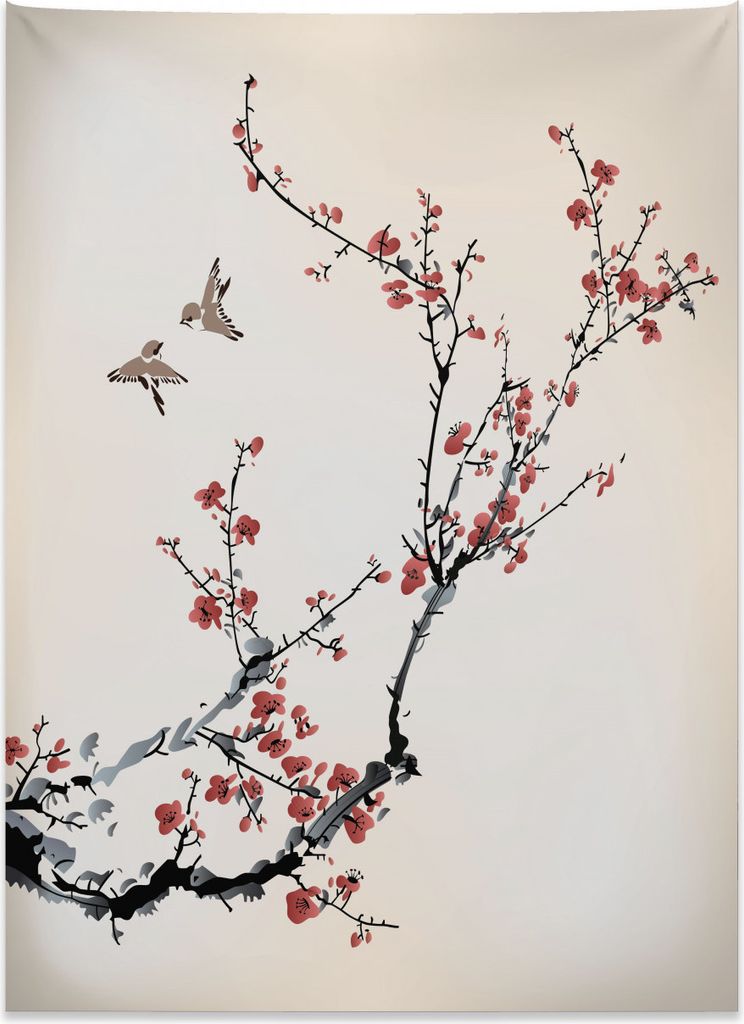 Abakuhaus Blumen Wandteppich, Asiatische Art Art Vögel aus Weiches Mikrofaser Stoff Kein Verblassen Klare Farben Waschbar, 110 x 150 cm, Bordeauxr...