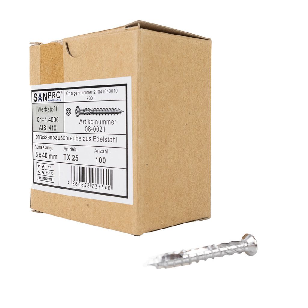 Terrassenschraube aus Edelstahl mit Torx Kopf, Größe 5 x 40 mm, Anzahl 100 Stück (Pack à 100 Stück)