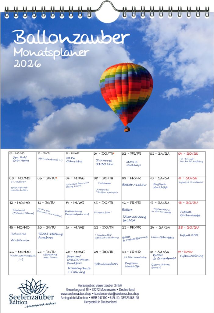 Ballonzauber Planer DIN A4 Kalender für 2026 Heißluftballon - Seelenzauber