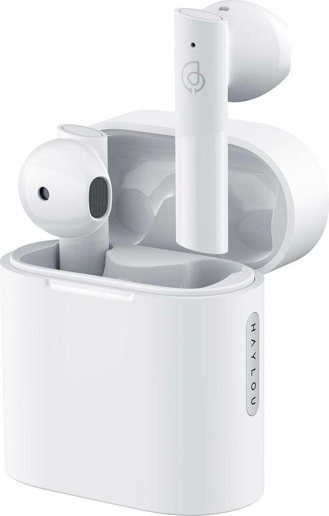 A pair of white wireless earbuds with their charging case open, showing the earbuds inside.