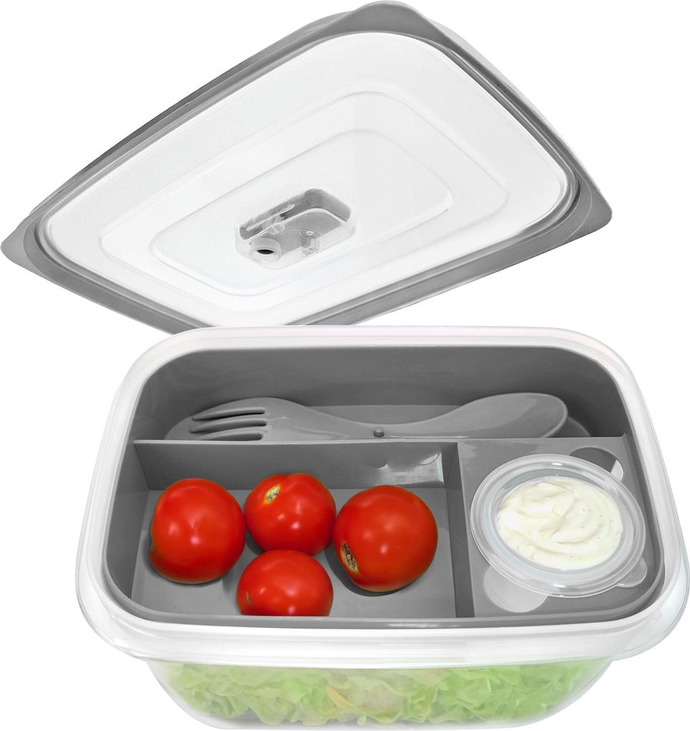 COM-FOUR Lunch-Box in grau mit Besteck und Soßendose - Bento-Box für Arbeit, Schule, Uni und Reisen - Brotdose spülmaschinen- und mikrowelleng...