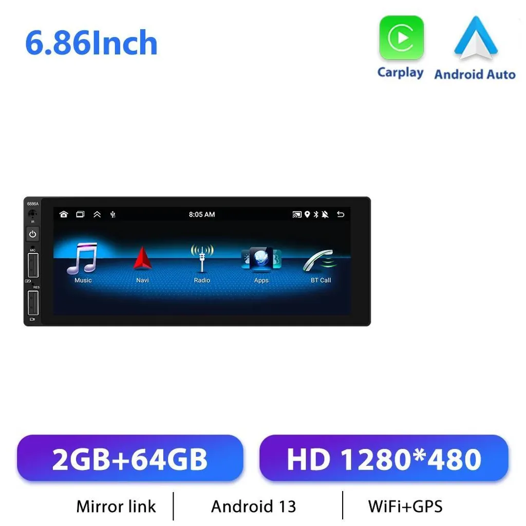 Autoradio 1-DIN Android 13 CarPlay 2Go 64Go avec Écran Tactile 16,5cm