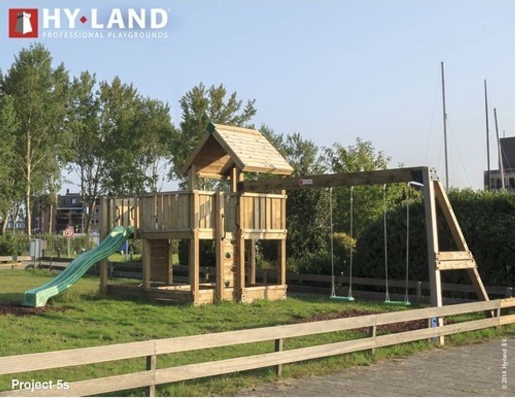 Spielturm Hyland Projekt 5S Holz mit Sandkasten, Doppelschaukel, Rutsche grün