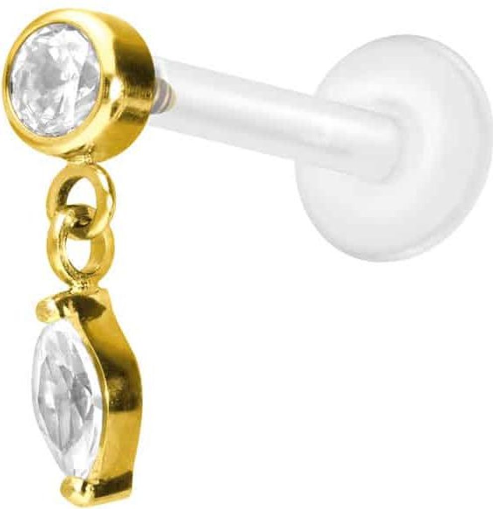 Ohrpiercing, Nasenpiercing PTFE Labret mit Innengewinde + Titan-Aufsatz KRISTALL + KRISTALLTROPFEN Gold Stablänge: 10mm | Stabstärke: 1,2mm