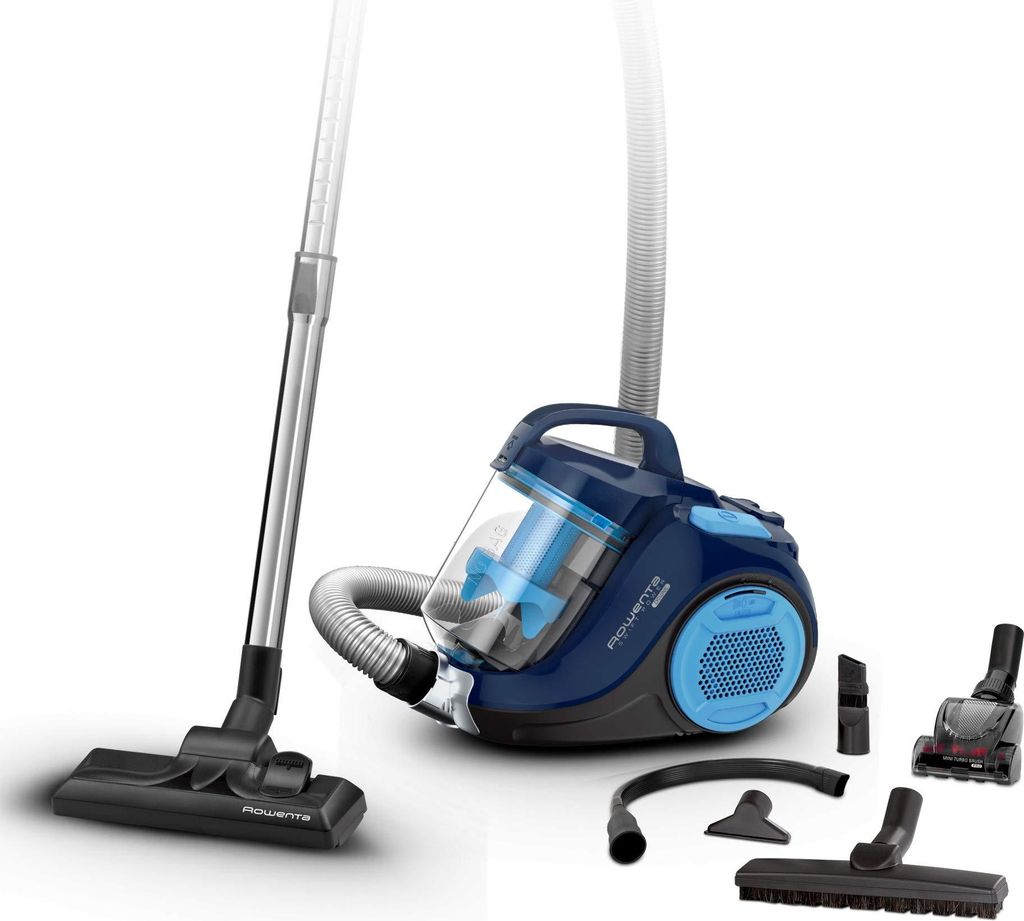 A cordless vacuum cleaner with various attachments on a white background.