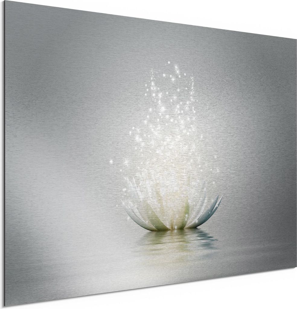 DEQORI Alu-Dibond Bild Silber 60x40 cm 'Funkelnde Lotusblüte' Wandbild Metall dünn Design
