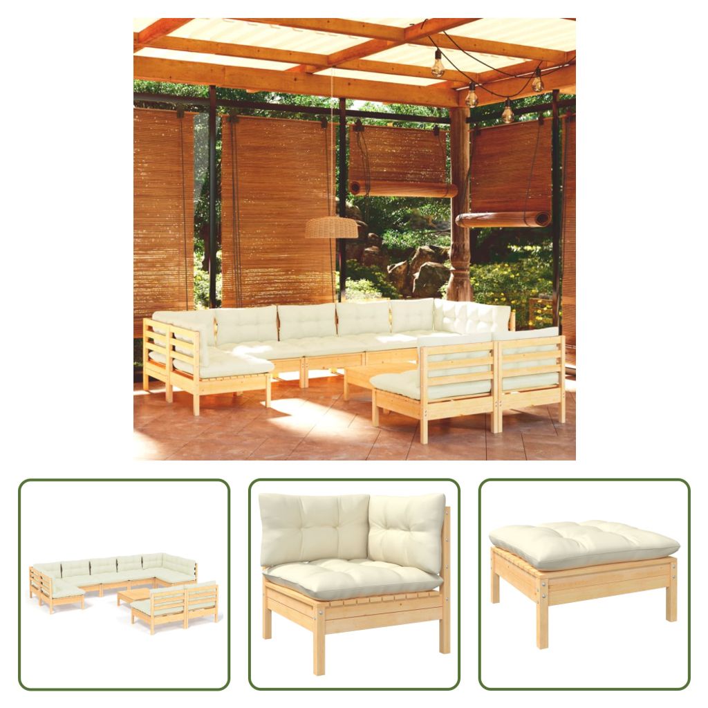 The Living Store 10-tlg. Garten-Lounge-Set mit Creme Kissen Massivholz Kiefer