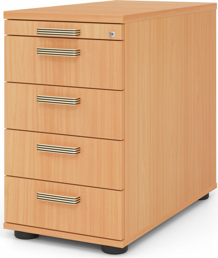 Standcontainer Eldar | Buche | HxBxT 76x42,8x80cm | Streifengriff | 5 Schübe | Mit Schloss & Zentralverriegelung