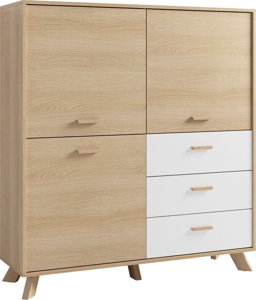 byLIVING Highboard BASTIAN / Eiche bianco, weiß / Griffe und Füße Massivholz Eiche / 3 Türen, 3 Schubladen / viel Stauraum / Kommode / Schrank ...