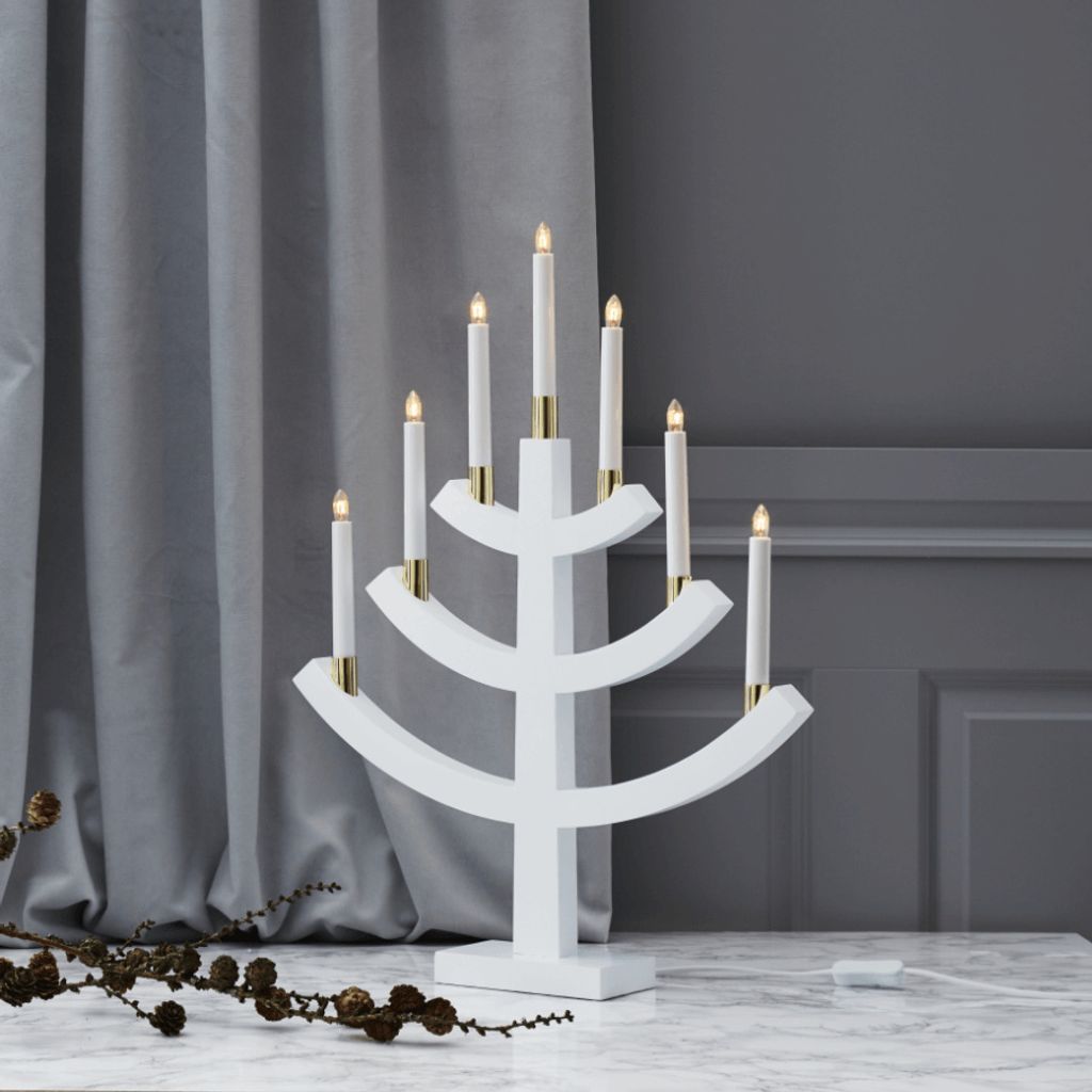 Kerzenleuchter 'Gillian' - 7 Arme - warmweiße Glühlampen - H: 64cm, L: 49cm - Schalter - Weiß/Gold