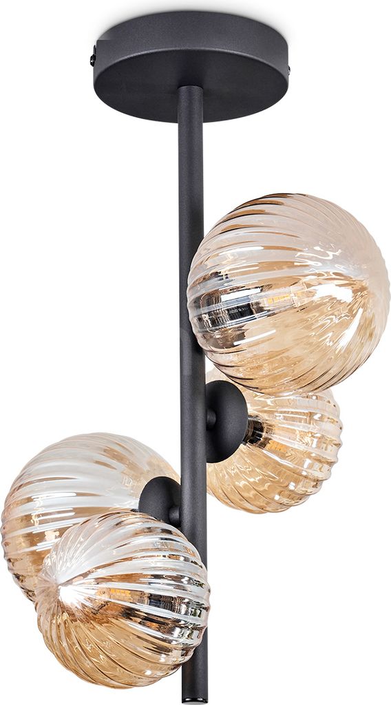 Isorella Deckenlampe aus Metall/Riffelglas in Schwarz/Bernsteinfarben