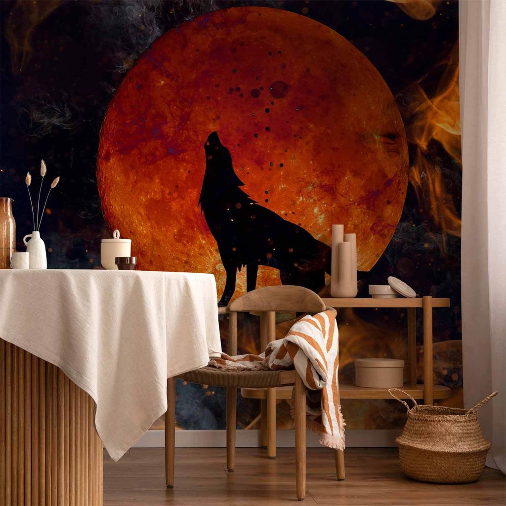 Vlies Fototapete - Wild nature - wolf on a background of a red moon in flames of fire 300x210 cm Tiere g-C-10005-a-a