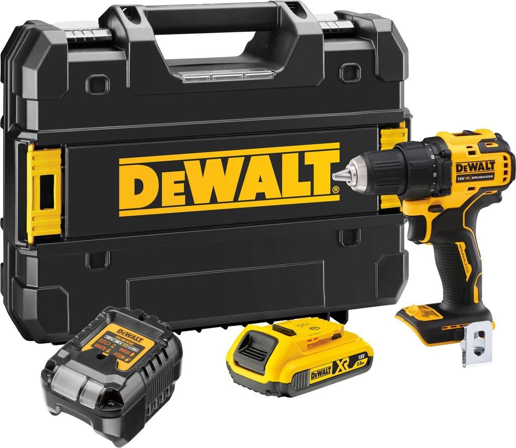 A DeWalt cordless drill kit with a case, drill, and two batteries, displayed on a white background.