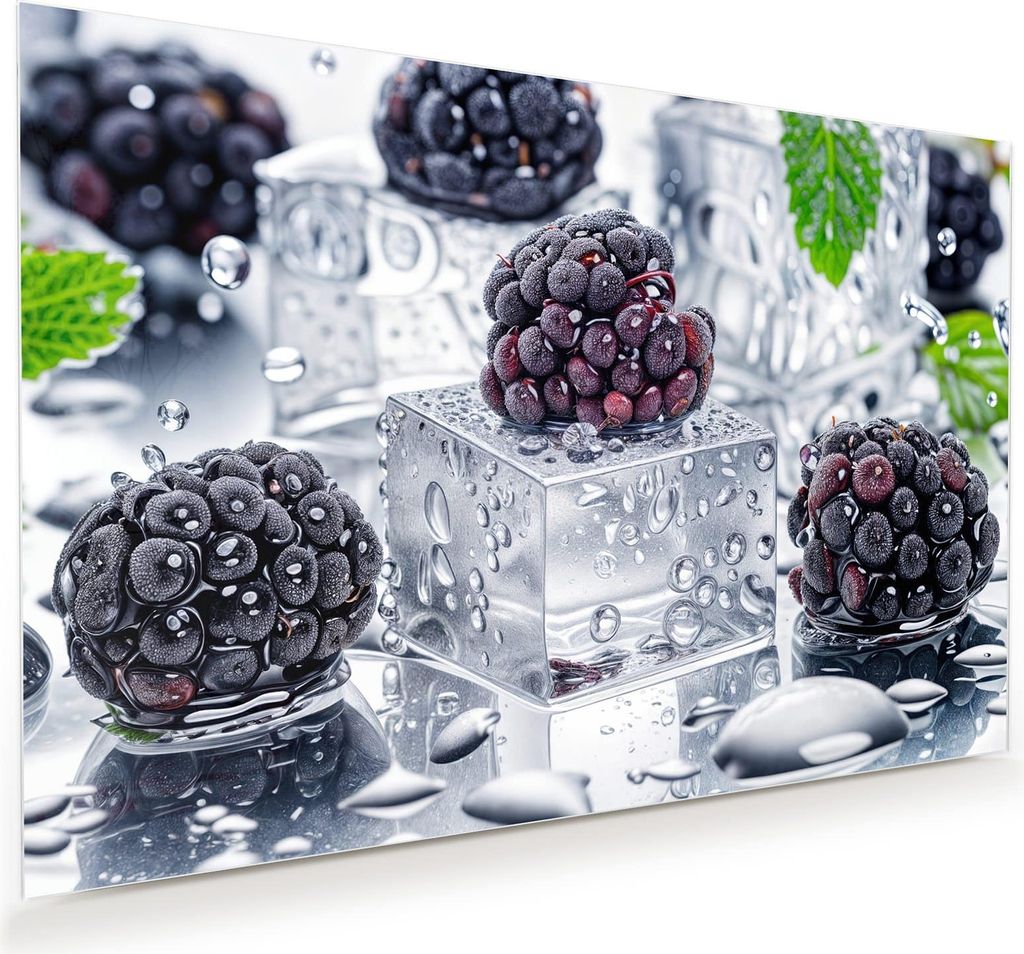 Glasbild 60x40cm in XXL für Wohnzimmer, Schlafzimmer Motiv Brombeeren Eiskalt