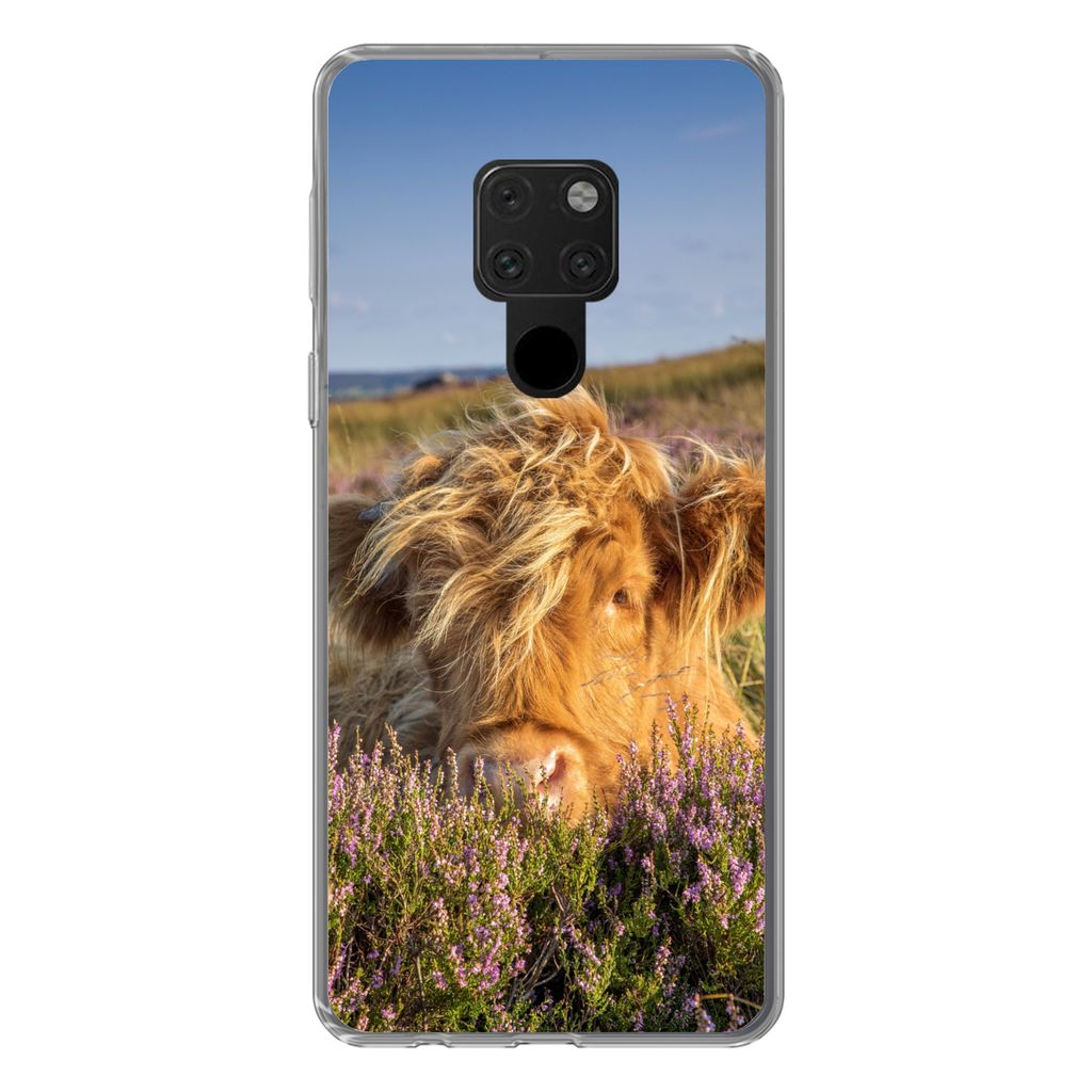 MuchoWow Handyhülle Schutzhülle Hülle für Huawei P40 Lite Schottische Highlander - Heide - Gras - Tiere Silikon Softcase Handy Hülle - Handy