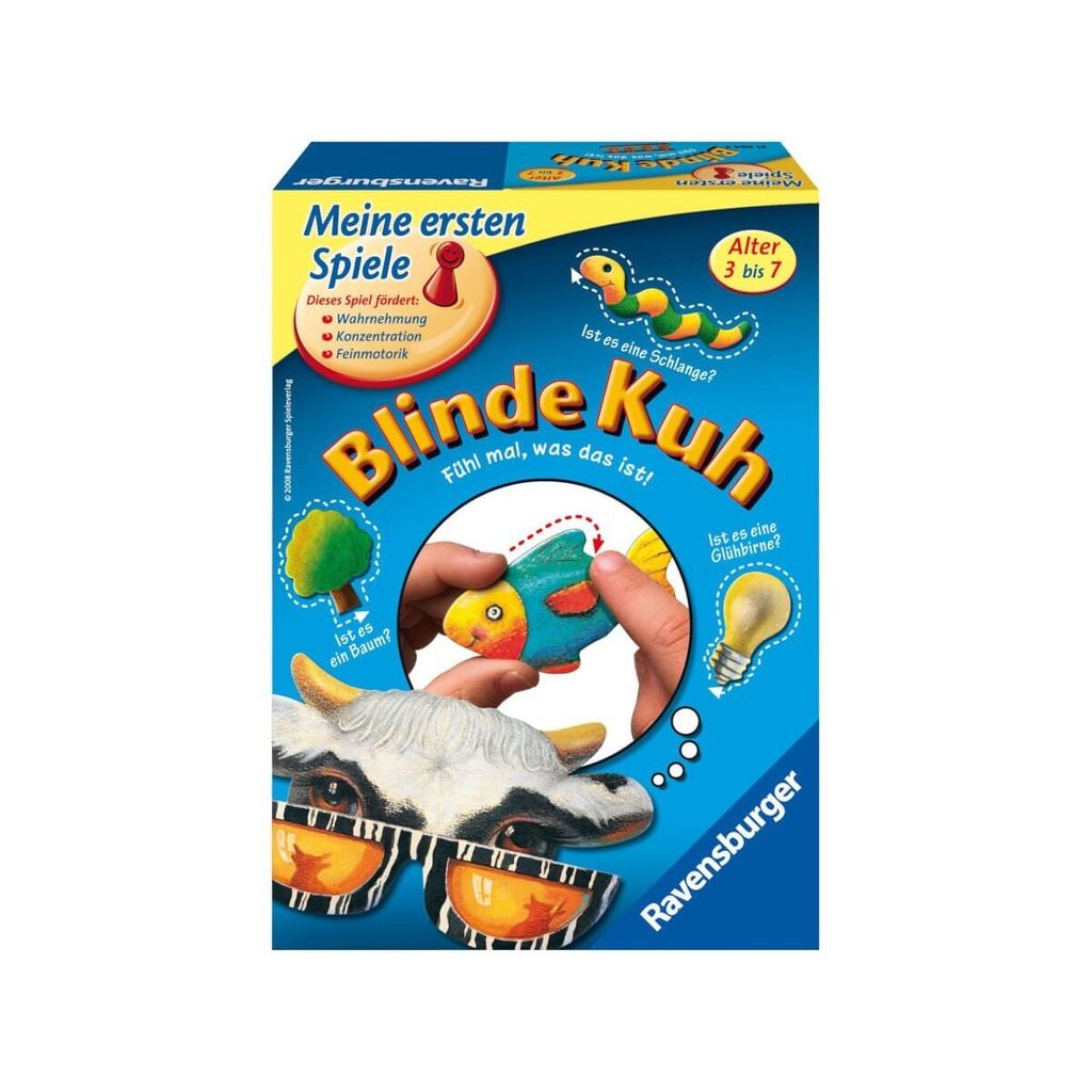 The image shows the box of a Ravensburger 'Meine ersten Spiele' (My first games) board game called 'Blinde Kuh' (Blind Cow). The box features illustrations of game components and text describing the game.