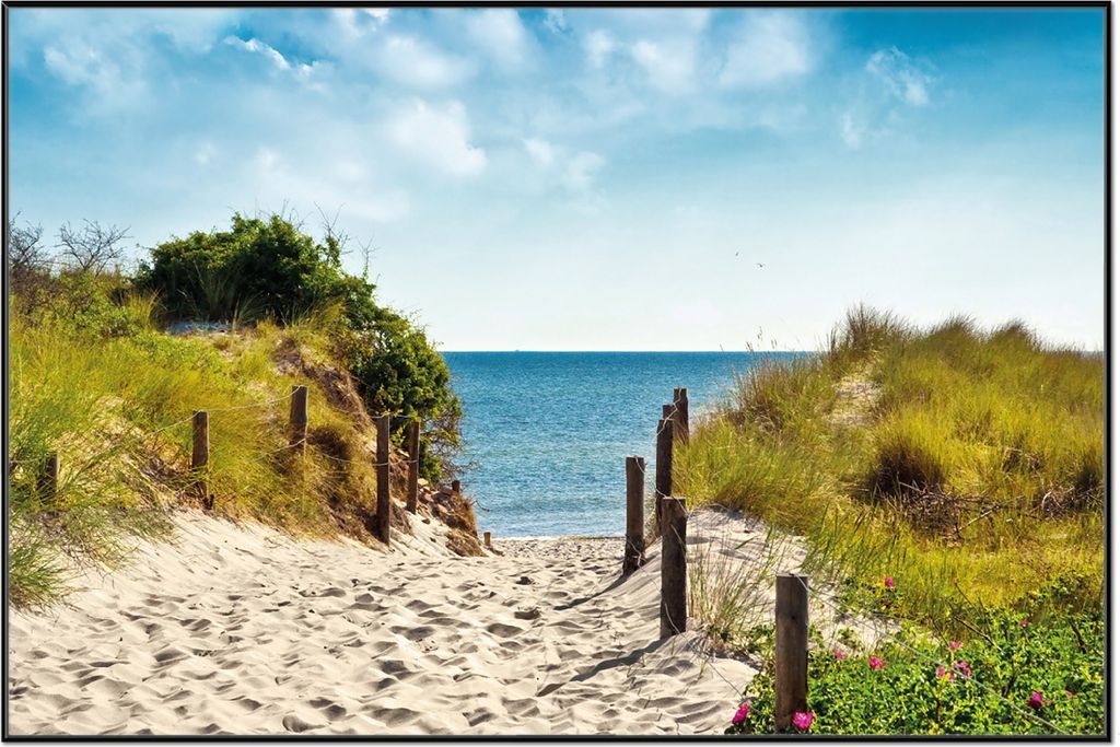 Wallario Wandbild Auf dem Sandweg zum Strand, Größe: 61 x 91,50 cm, Poster mit schwarzem Aluminiumrahmen
