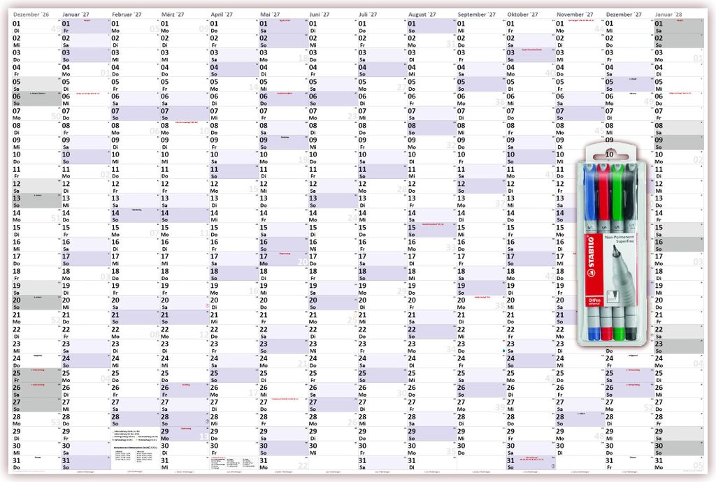 XXXL Wandkalender Special A0 2027 nass abwischbar inkl. Stifteset (Format 120 x 80cm) Jahresplaner Wandplaner gerollt mit extra großen Tageskästc...