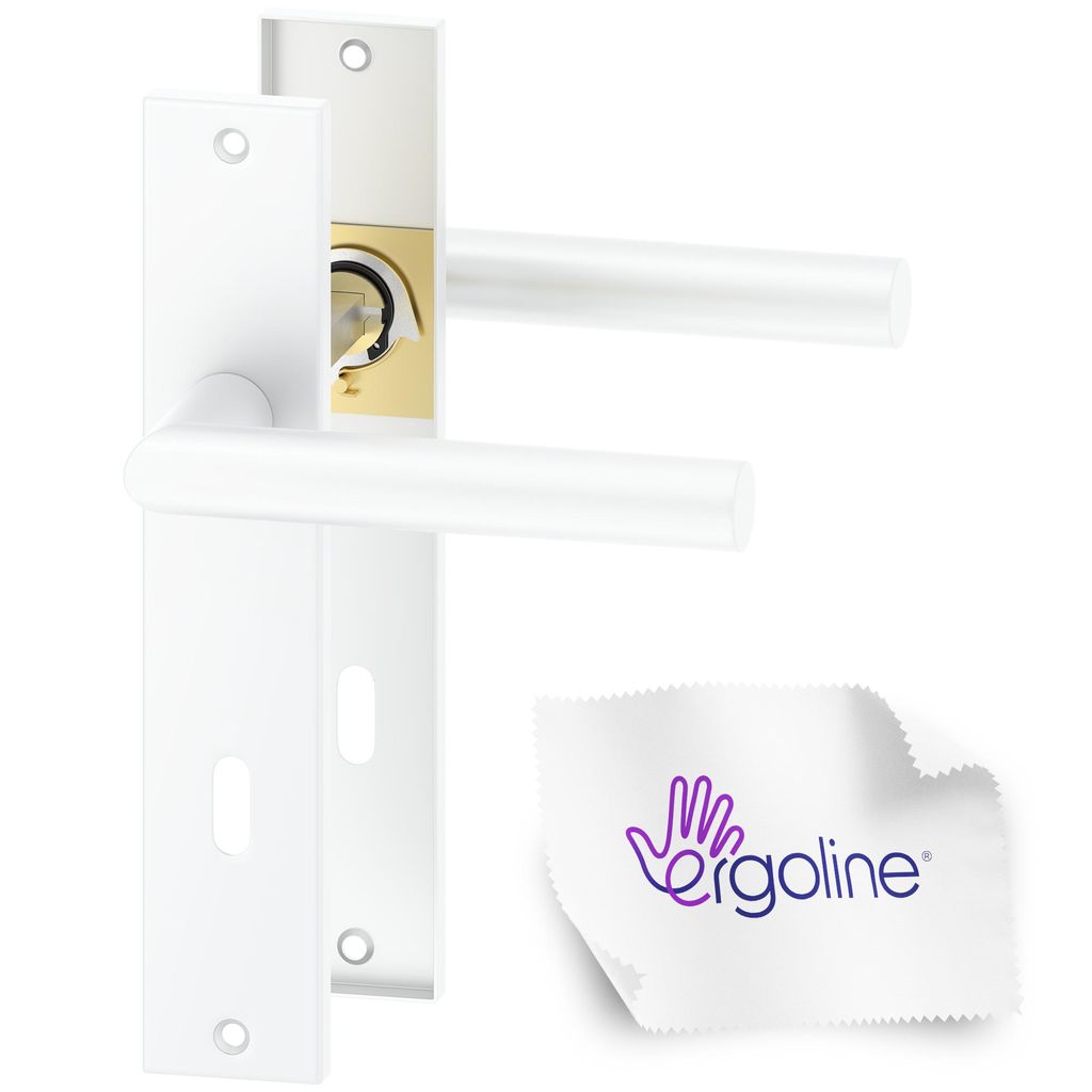 A white door handle set with a gold lock mechanism, shown against a white background. A small white cloth with a purple logo is in the lower right corner.