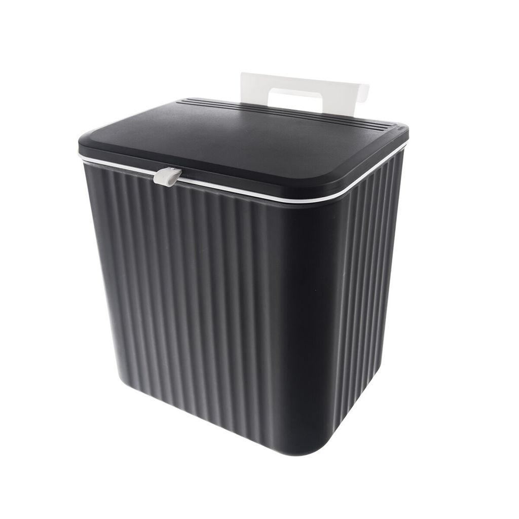 A black trash can with a white handle and lid, shown against a white background.