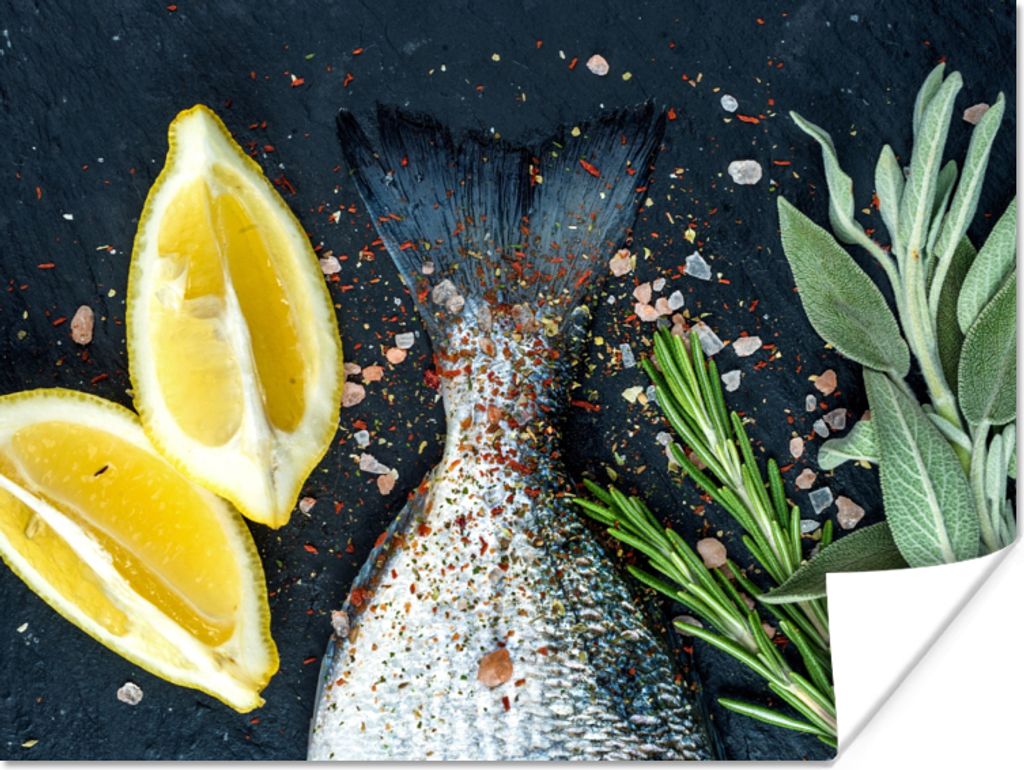 MuchoWow Poster Fisch - Zitrone - Kräuter 120x90 cm - Wandbild