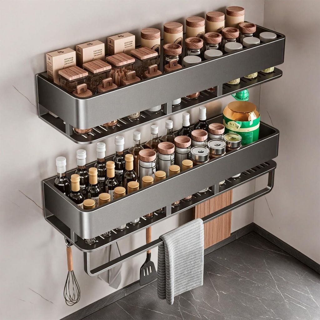 Set mit 2 Gewürzboxen aus Metall, grau, für die Küche, kein Bohren erforderlich, mit 5 Haken, 40 cm