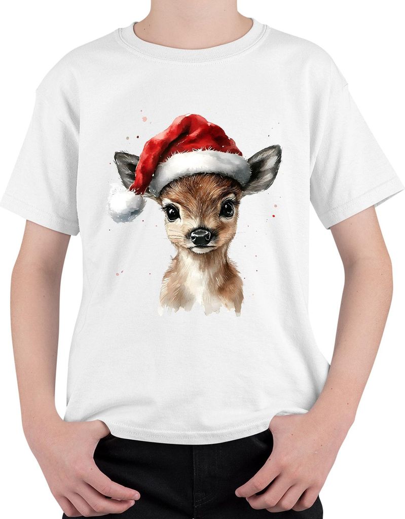 Rehkitz Weihnachten Santa Aquarell niedlich Geschenk Winter Uni Kinder T-Shirt, Weiß, 140