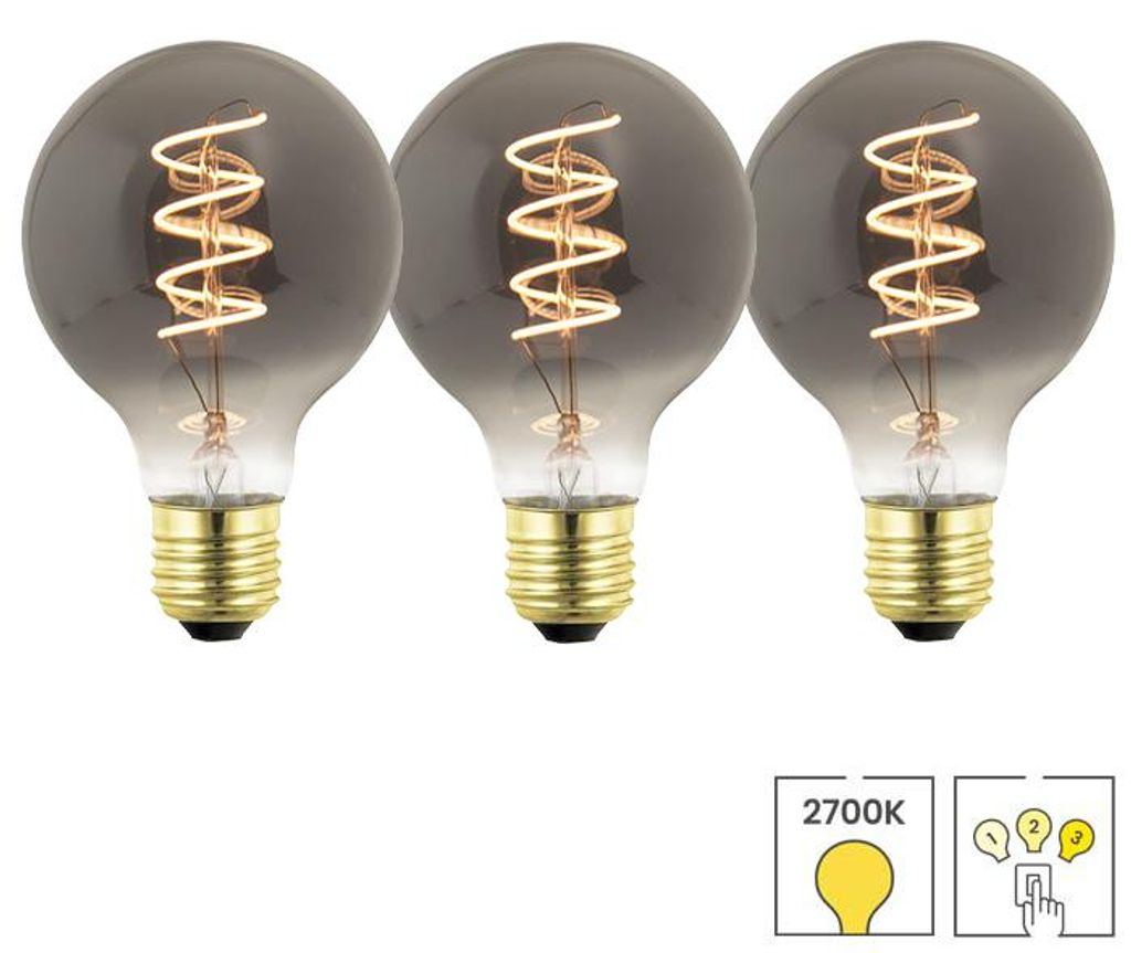 3-er Set LED-Lampen E27 | 3-stufig dimmbar | 1,8 Watt | 2700K warmweiß | Kugel 80 mm | Smoke | Spiralwendel | Lybardo