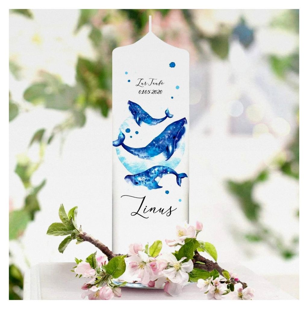 Taufkerze Junge oder Mädchen Wal Kerze Blau weiße Kerze zur Taufe, Geburt Kommunion 25 x 7 cm mit Name, Datum, ggf. Taufspruch