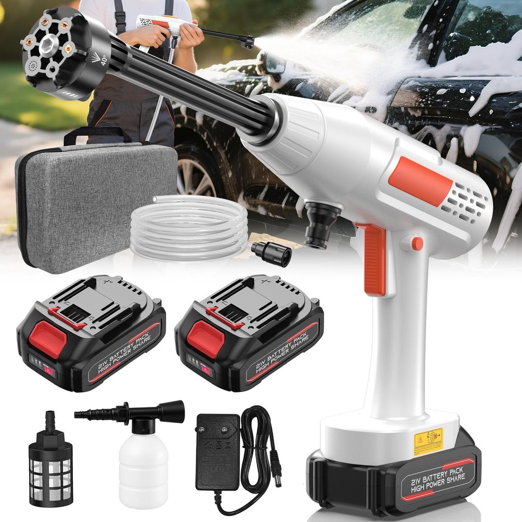 AIORBER Tragbar Akku Hochdruckreiniger 60bar, 5L/min, 6-in-1 Düse Mobiler Hochdruckreiniger, 3 Modi, 2x10000mAh, für die Autowäsche und Bewässe...